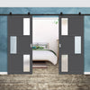 Top Mounted Black Sliding Track & Solid Wood Double Doors - Eco-Urban® Tokyo 3 Pane 3 Panel Doors DD6423SG Frosted Glass - Stormy Grey Premium Primed