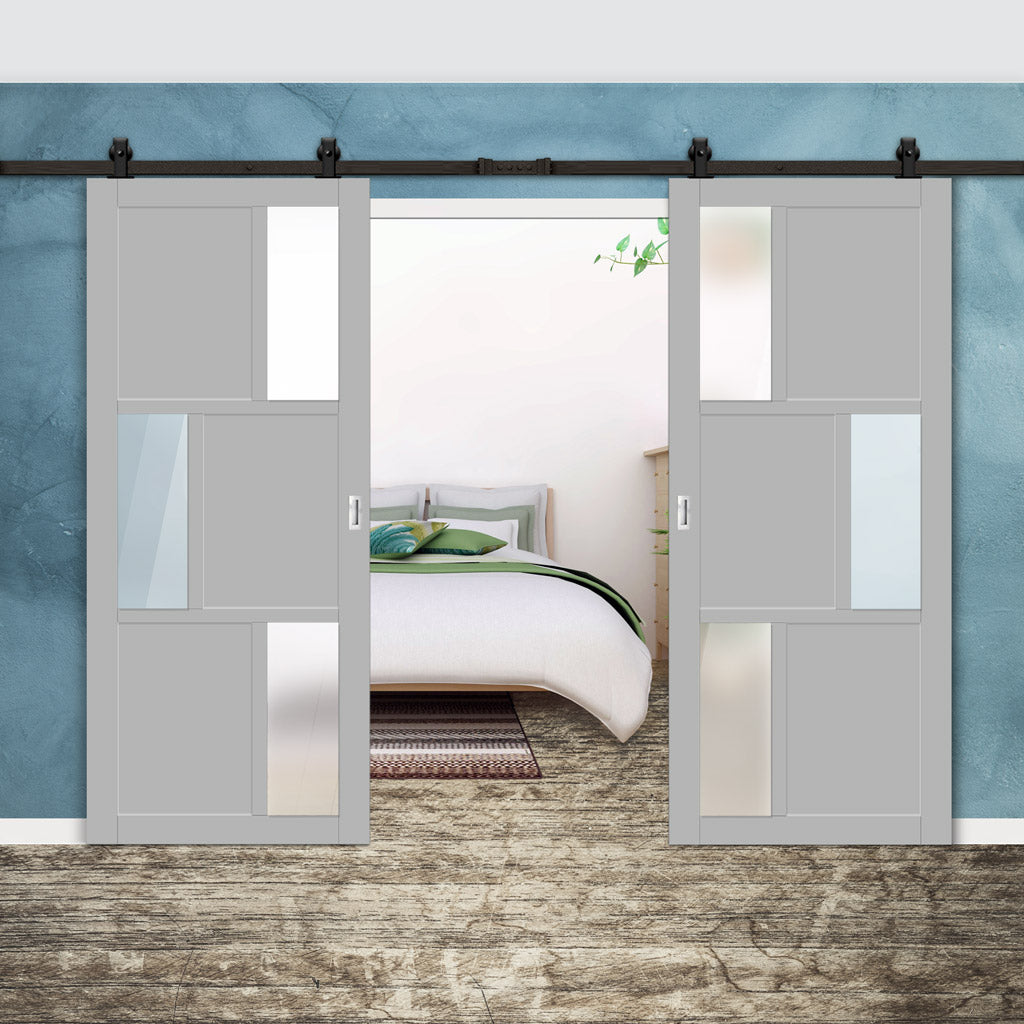 Top Mounted Black Sliding Track & Solid Wood Double Doors - Eco-Urban® Tokyo 3 Pane 3 Panel Doors DD6423SG Frosted Glass - Mist Grey Premium Primed