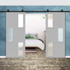 Top Mounted Black Sliding Track & Solid Wood Double Doors - Eco-Urban® Tokyo 3 Pane 3 Panel Doors DD6423SG Frosted Glass - Mist Grey Premium Primed