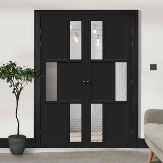 Image: Eco-Urban Tokyo 3 Pane 3 Panel Solid Wood Internal Door Pair UK Made DD6423G Clear Glass - Eco-Urban® Shadow Black Premium Primed