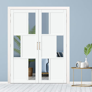 Image: Eco-Urban Tokyo 3 Pane 3 Panel Solid Wood Internal Door Pair UK Made DD6423G Clear Glass - Eco-Urban® Cloud White Premium Primed