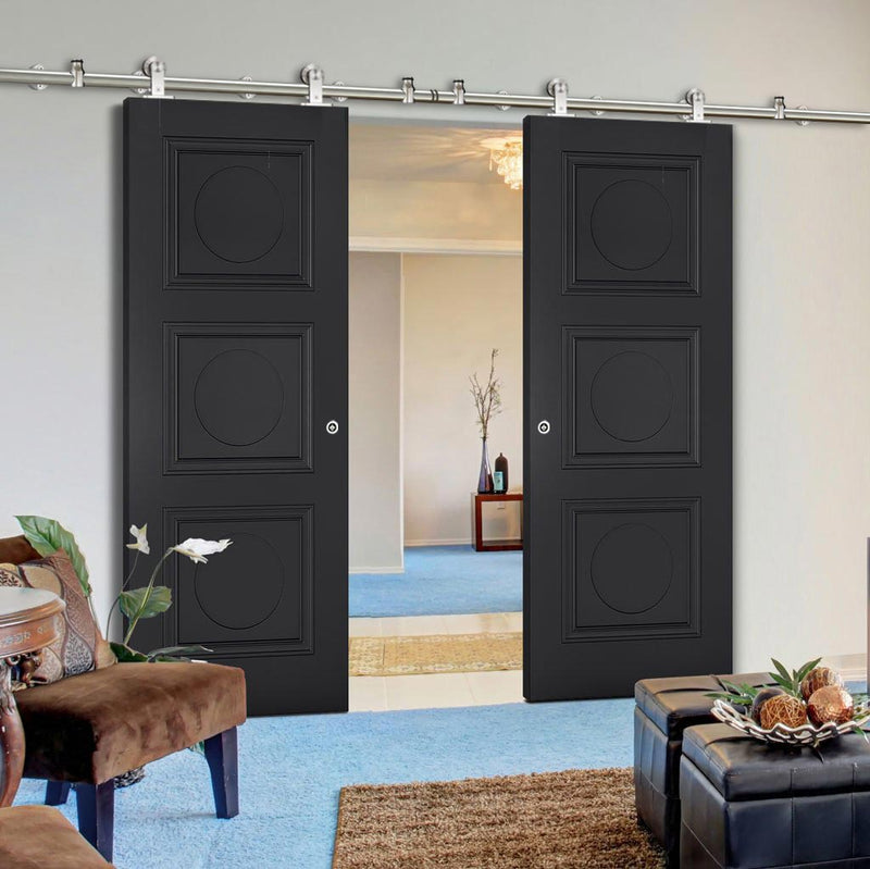 Sirius Tubular Stainless Steel Sliding Track & Antwerp 3 Panel Black Primed Double Door