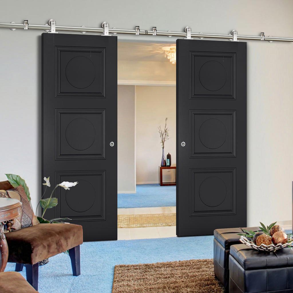 Sirius Tubular Stainless Steel Sliding Track & Antwerp 3 Panel Black Primed Double Door