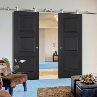 Image: Sirius Tubular Stainless Steel Sliding Track & Antwerp 3 Panel Black Primed Double Door