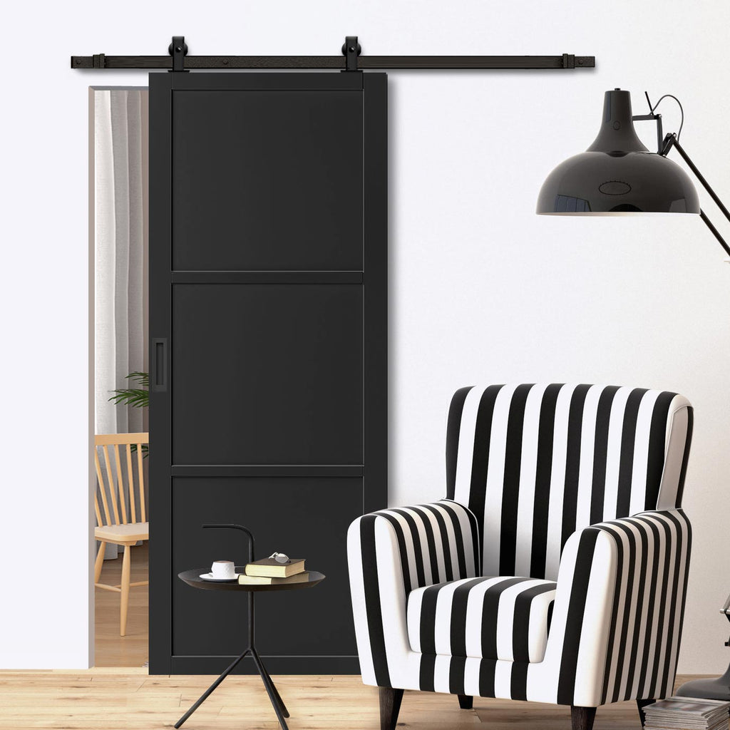 Top Mounted Black Sliding Track & Solid Wood Door - Eco-Urban® Manchester 3 Panel Solid Wood Door DD6305 - Shadow Black Premium Primed