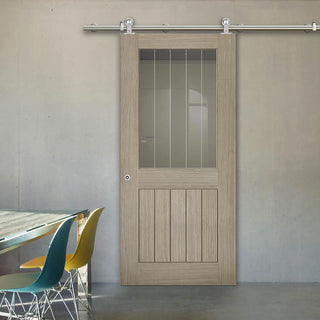 Image: Sirius Tubular Stainless Steel Sliding Track & Belize Light Grey Door  - Clear Glass Frosted Lines - Prefinished