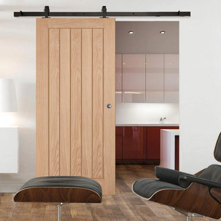 Image: Top Mounted Black Sliding Track & Door - Belize Oak Door - Unfinished