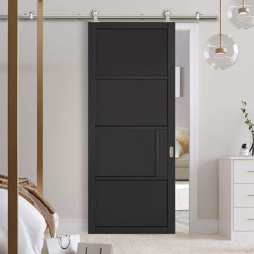 Sirius Tubular Stainless Steel Sliding Track & Chelsea 4 Panel Black Primed Door