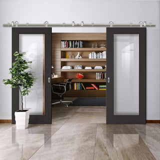Image: Sirius Tubular Stainless Steel Sliding Track & Diez Charcoal Black 1L Double Door - Raised Mouldings - Clear Glass - Prefinished
