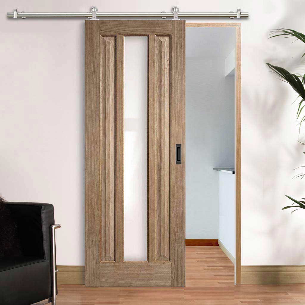 Sirius Tubular Stainless Steel Sliding Track & Kilburn 1 Pane Oak Door - Clear Glass - Unfinished