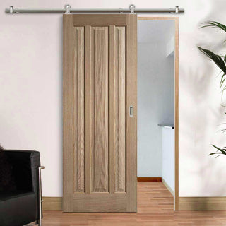 Image: Sirius Tubular Stainless Steel Sliding Track & Kilburn 3 Panel Oak Door - Unfinished