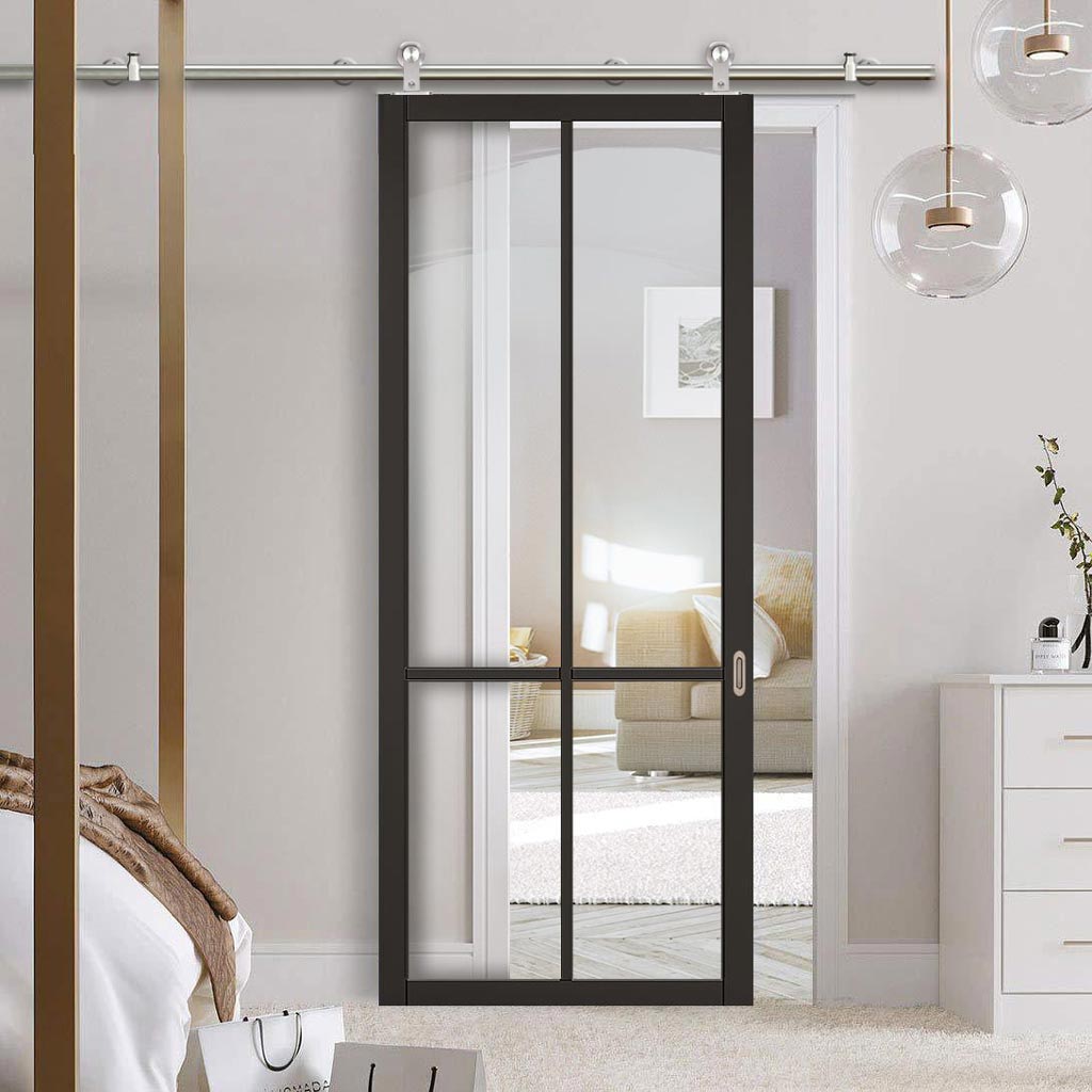 Sirius Tubular Stainless Steel Sliding Track & Liberty 4 Pane Door - Clear Glass - Black Painted