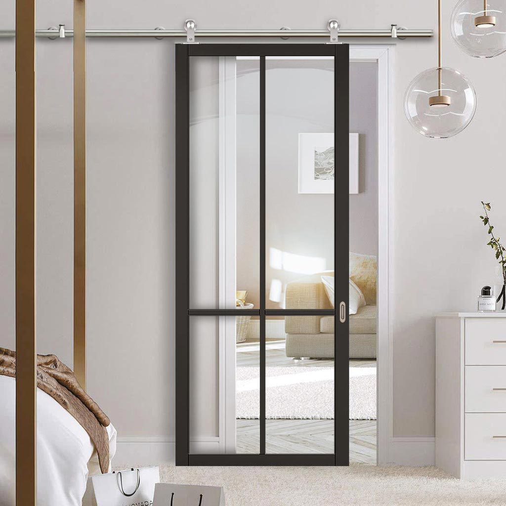 Sirius Tubular Stainless Steel Sliding Track & Liberty 4 Pane Door - Clear Glass - Black Primed