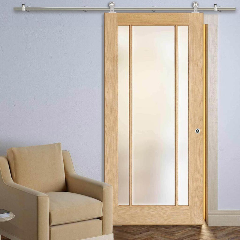 Sirius Tubular Stainless Steel Sliding Track & Lincoln 3 Pane Oak Door - Frosted Glass - Unfinished