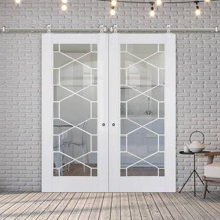 Image: Sirius Tubular Stainless Steel Sliding Track & Orly Double Door - Clear Glass - Primed