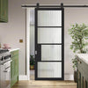 Top Mounted Black Sliding Track & Door - Chelsea 4 Pane Black Primed Door - Clear Reeded Glass