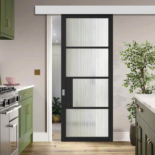 Image: Single Sliding Door & Wall Track - Chelsea 4 Pane Black Primed Door - Clear Reeded Glass