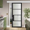 Single Sliding Door & Wall Track - Chelsea 4 Pane Black Primed Door - Clear Reeded Glass