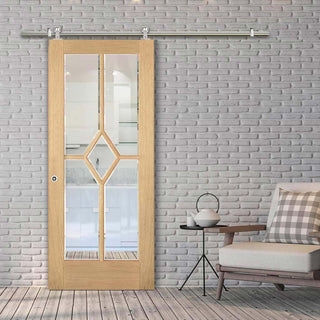 Image: Sirius Tubular Stainless Steel Sliding Track & Reims Diamond 5 Panel Oak Door- Clear Bevelled Glass - Prefinished