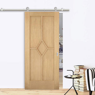 Image: Sirius Tubular Stainless Steel Sliding Track & Reims Diamond 5 Panel Oak Door - Prefinished