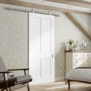 Image: Sirius Tubular Stainless Steel Sliding Track & Victorian Shaker 4 Panel Door - White Primed