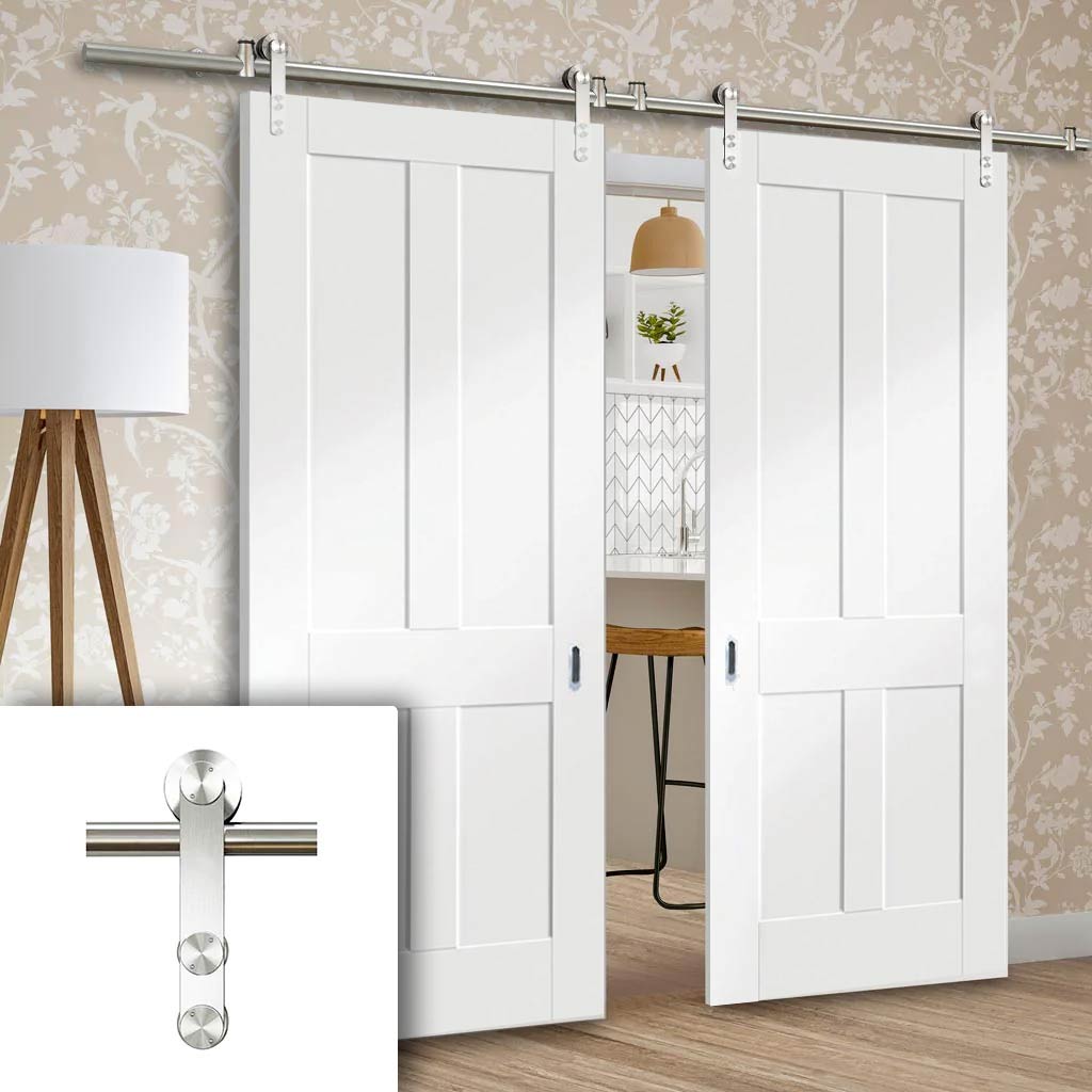 Saturn Tubular Stainless Steel Sliding Track & Victorian Shaker 4 Panel Double Door - White Primed