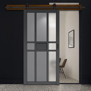 Image: Top Mounted Black Sliding Track & Solid Wood Door - Eco-Urban® Tromso 8 Pane 1 Panel Solid Wood Door DD6402SG Frosted Glass - Stormy Grey Premium Primed