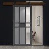 Top Mounted Black Sliding Track & Solid Wood Door - Eco-Urban® Tromso 8 Pane 1 Panel Solid Wood Door DD6402SG Frosted Glass - Stormy Grey Premium Primed