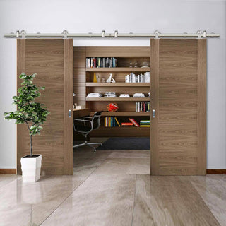 Image: Sirius Tubular Stainless Steel Sliding Track & Sofia Walnut Veneer Double Door - Prefinished