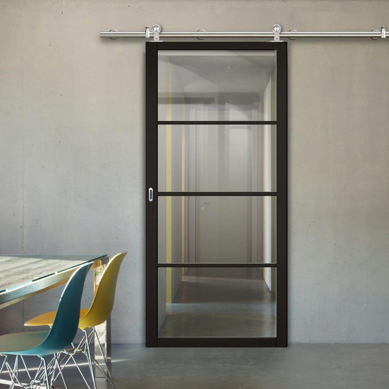 Sirius Tubular Stainless Steel Sliding Track & Soho 4 Pane Door - Clear Glass - Black Painted