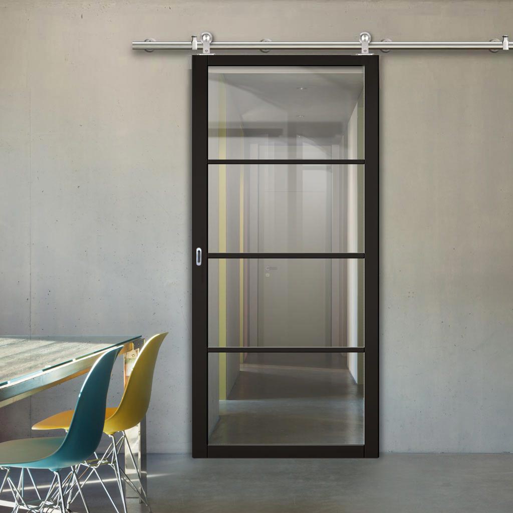 Sirius Tubular Stainless Steel Sliding Track & Soho 4 Pane Door - Clear Glass - Black Painted