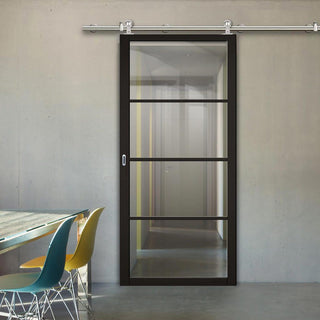 Image: Sirius Tubular Stainless Steel Sliding Track & Soho 4 Pane Door - Clear Glass - Black Primed