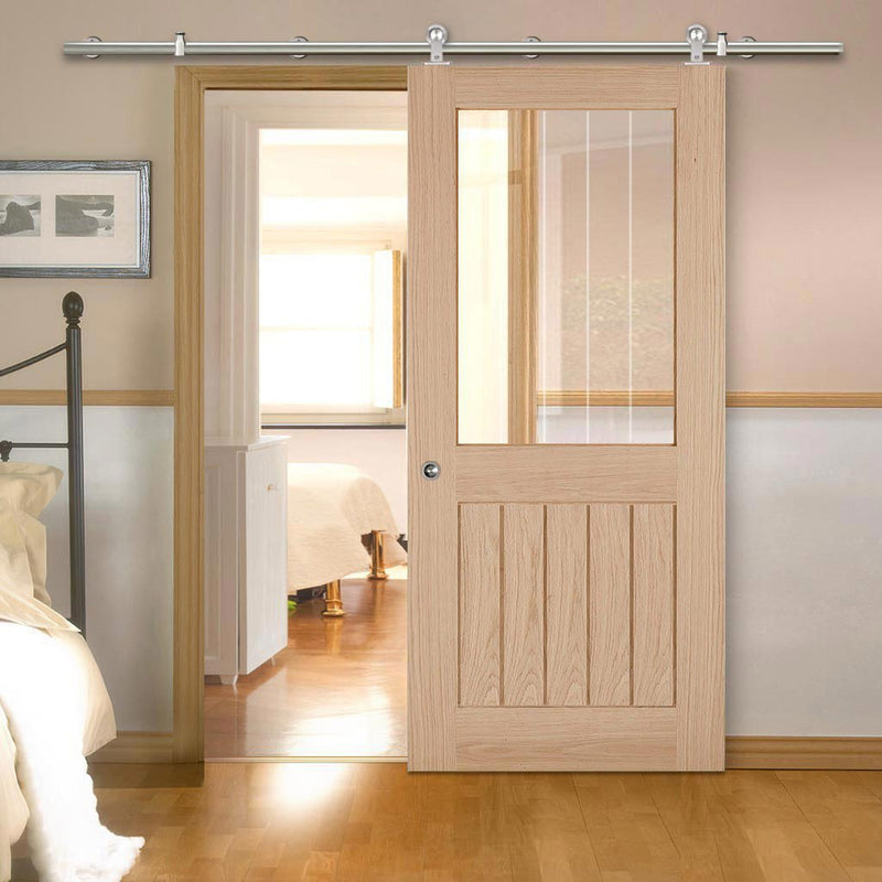Sirius Tubular Stainless Steel Sliding Track & Belize Oak Door - Silkscreen Etched Clear Glass - Unfinished