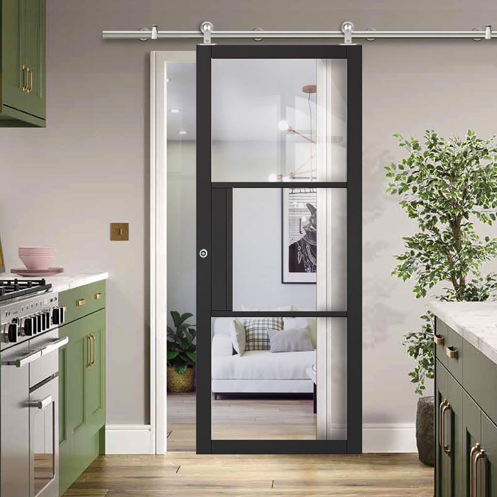 Sirius Tubular Stainless Steel Sliding Track & Tribeca 3 Pane Black Primed Door - Clear Glass