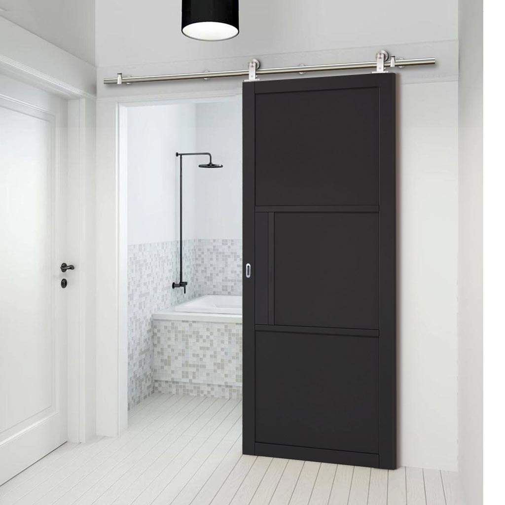 Sirius Tubular Stainless Steel Sliding Track & Tribeca 3 Panel Black Primed Door