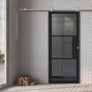 Image: Sirius Tubular Stainless Steel Sliding Track & Tribeca 3 Pane Black Painted Door - Tinted Glass