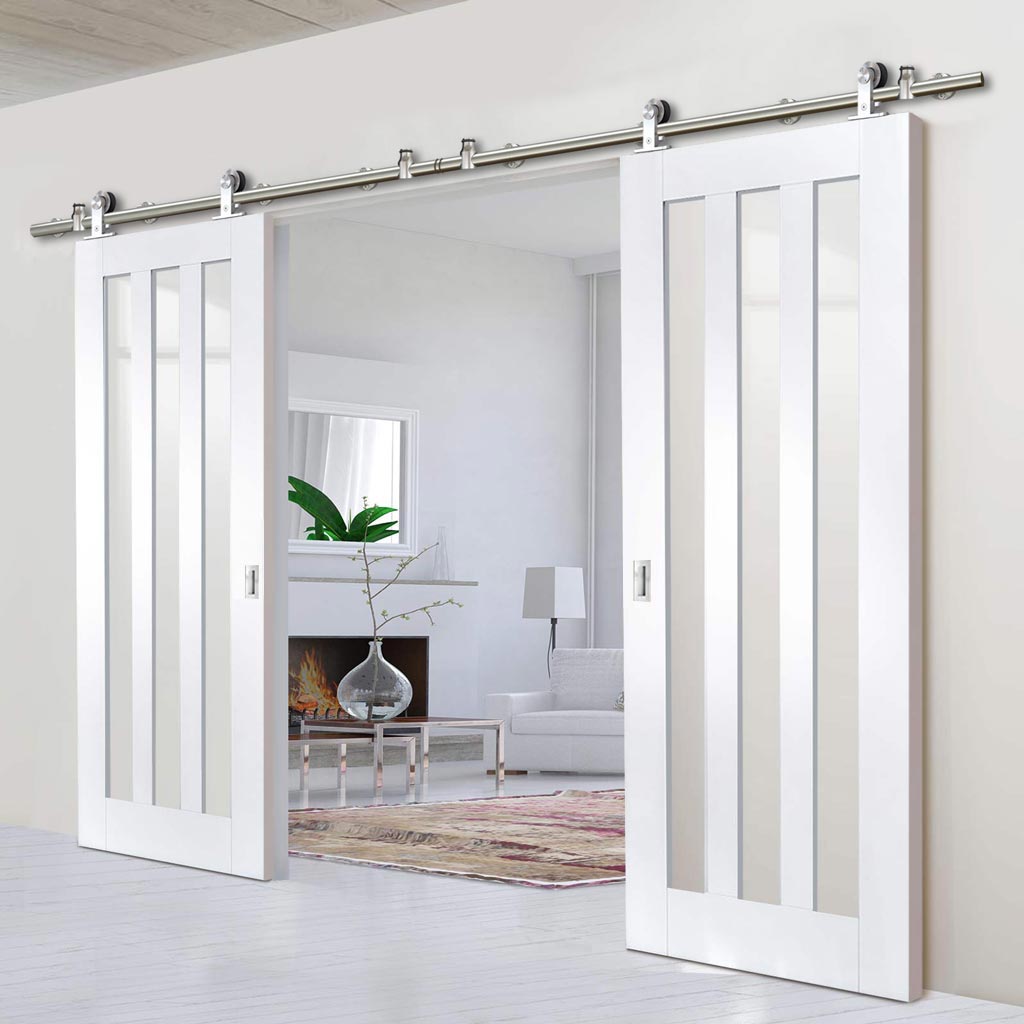 Sirius Tubular Stainless Steel Sliding Track & Utah 3 Pane Double Door - Clear Glass - Primed