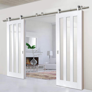 Image: Sirius Tubular Stainless Steel Sliding Track & Utah 3 Pane Double Door - Clear Glass - Primed