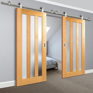 Image: Sirius Tubular Stainless Steel Sliding Track & Utah 3 Pane Oak Double Door - Frosted Glass - Prefinished