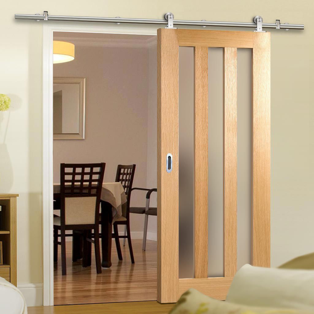 Sirius Tubular Stainless Steel Sliding Track & Utah 3 Pane Oak Door - Frosted Glass - Unfinished