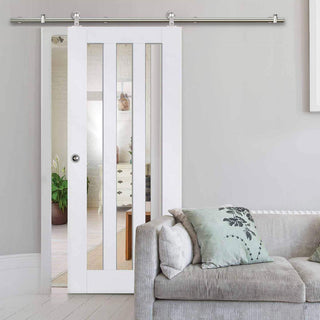 Image: Sirius Tubular Stainless Steel Sliding Track & Utah 3 Pane Door - Clear Glass - Primed