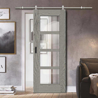 Image: Sirius Tubular Stainless Steel Sliding Track & Vancouver Light Grey Door - Clear Glass - Prefinished