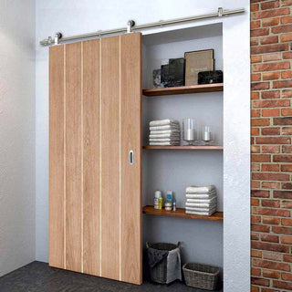 Image: Sirius Tubular Stainless Steel Sliding Track & Wexford Oak Panel Door - Unfinished