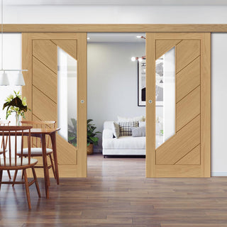 Image: Double Sliding Door & Wall Track - Torino Oak Door - Clear Glass - Prefinished