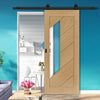 Top Mounted Black Sliding Track & Door - Torino Oak Door - Clear Glass - Prefinished