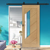 Top Mounted Black Sliding Track & Door - Torino Oak Door - Clear Glass - Prefinished