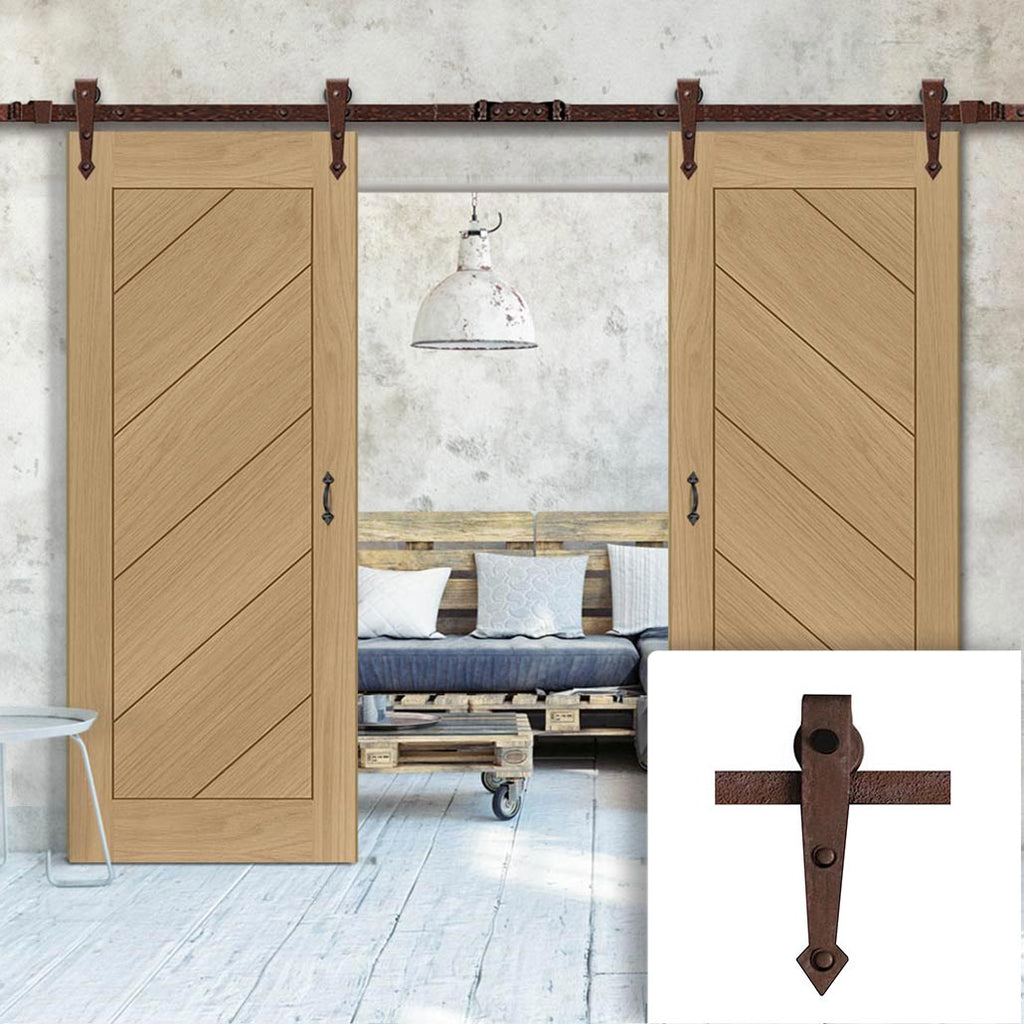 Double Sliding Door & Arrowhead Antique Rust Track - Torino Oak Door - Prefinished