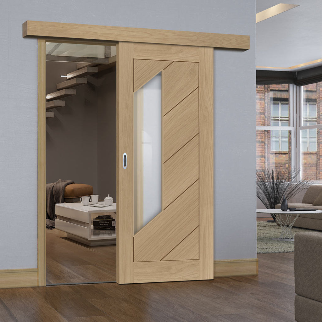Single Sliding Door & Wall Track - Torino Oak Door - Clear Glass - Prefinished