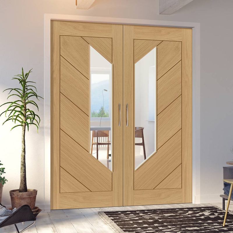 Torino Oak Internal Door Pair - Clear Glass - Prefinished