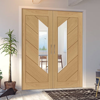 Image: Torino Oak Internal Door Pair - Clear Glass - Prefinished